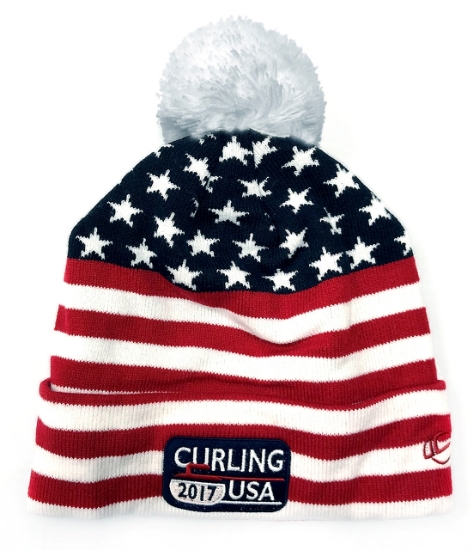 Picture of USA Curling Flag Pom Knit Beanie